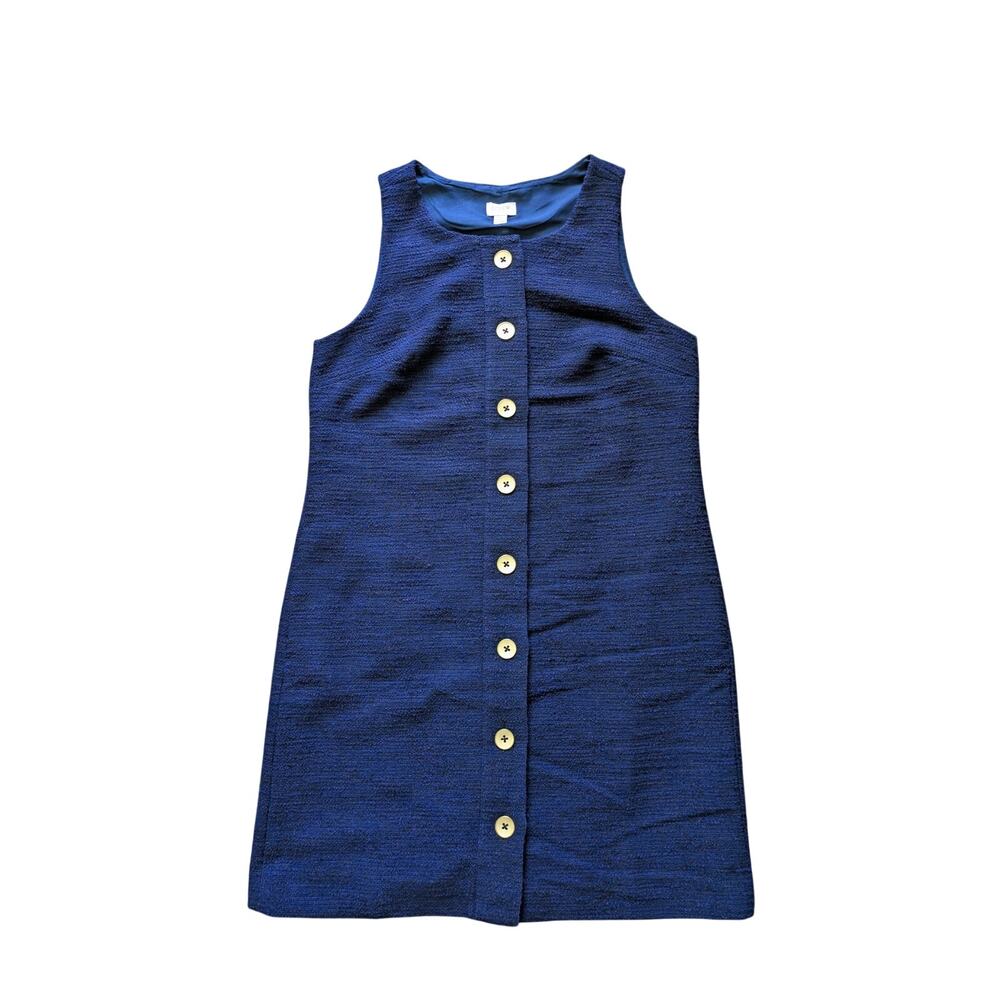 J.Crew Tweed Button Front Shift Dress Womens 10 Blue-Gold Minimalist Old Money